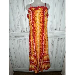 VINTAGE T & L MUUMUU FACTORY LONG DRESS RED YELLOW FLORAL MADE IN HAWAII 7/8‎